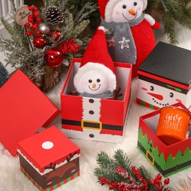 TaoBary 4 Pcs Christmas Nesting Gift Boxes Hard Xmas Stackable Boxes Christmas Decorative Boxes with Lids Elk Santa Snowman Elf Xmas Nested Boxes for New Year Holiday Birthday Party Gift Decor