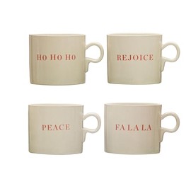Creative Co-Op Stoneware Holiday Saying, Set of 4 Styles Mugs & Cups, Cream