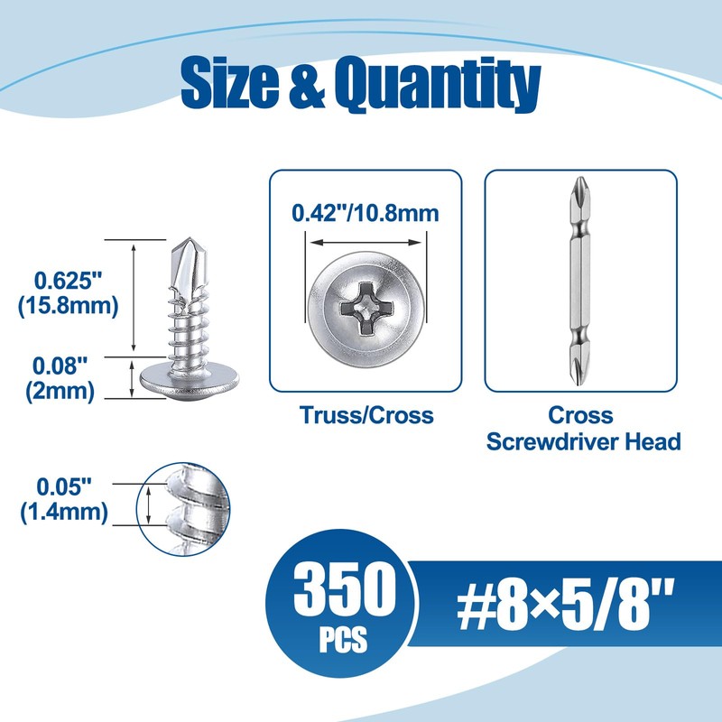ANCHOREASE #8×5/8″ (350Pcs) 410 Stainless Steel Self Drilling Screws, Truss
