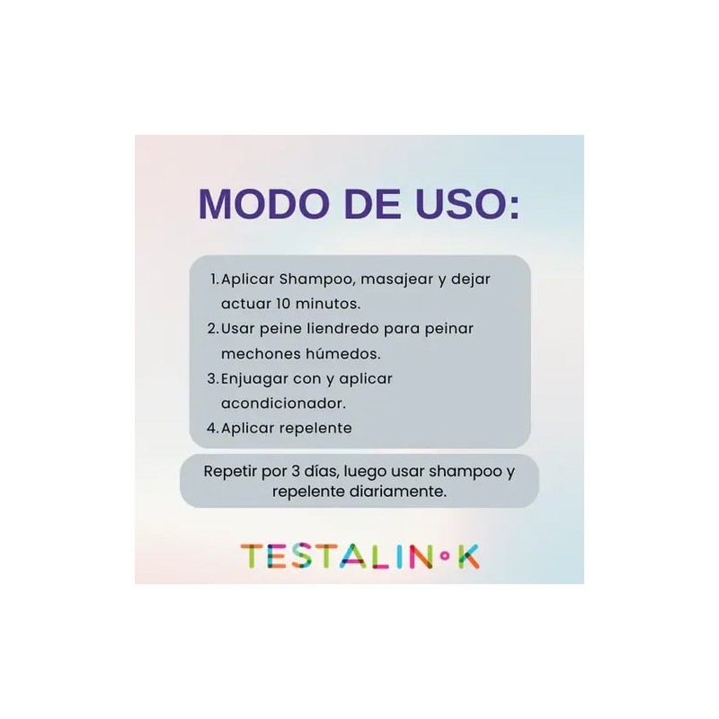 Kit Elimina Piojos, Shampoo, Lendrera, Repelente, Testalin-k