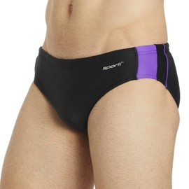 Sporti Boys Swim Briefs – Boys' Athletic Swimwear Briefs with Lycra Xtra Life, UPF 50+, Drawstring, Long-Lasting Competitive Swimsuit Brief for Training & Racing - Black/Purple - 24