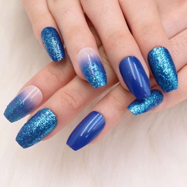 Press On Nails Coffin Fake Nails Blue Gradient Acrylic Nail With Glossy Shiny Design Press On Nails Kit Artificial Fake Nails Cute Stick On Nails Press On Nails For Women 24pcs