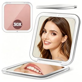 Espejo de Bolsillo Doble Cara 1X/30X, Espejo Compacto con Aumento Portátil | Espejitos para Maquillaje Cuadrado con Pinzas, Ideal para Uso Diario y Viajes, Práctico para Retocar Maquillaje, Rosa