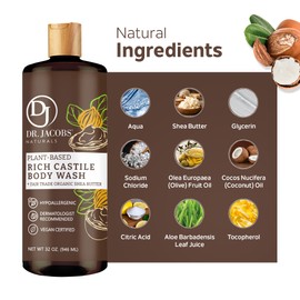 DR. JACOBS NATURALS Castile Shea Butter All-Natural Body Wash for Moisturizing Dry and Sensitive Skin Shampoo with Plant-Based Ingredients Gluten, Preservatives-Free Formula - 32 oz, Pack of 3