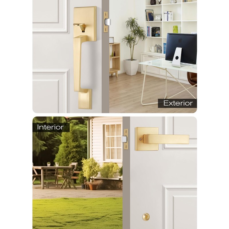 EHOMEWARE Front Door Handle Set, Brushed Gold, Satin Brass, Zinc,