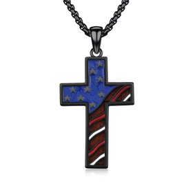 MEDWISE 4th of July Outfits Wooden Cross Necklace Black for Men S925 Sterling Silver, American Flag Cross Pendant Patriotic Christian Protection Jewelry for Men Women Husband Son Father's Day
