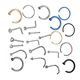 Nose Ring Plugs Clear 22 Nail Nose Mixed Stainless Steel Piercing Nose Ring Nose Set C Shaped (Multicolor, One Size)