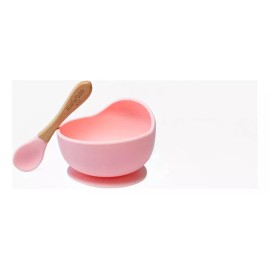 EcoWood Tazón Para Bebé De Silicona Ecowood Con Cuchara De Bambú Color Rosa Bowl Silicona