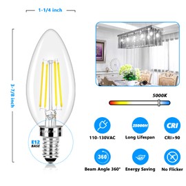 LED Candle Bulbs 40W Equivalent Dimmable, E12 Candelabra Light Bulbs 4W 470Lm Clear Edison LED Bulb, Daylight White 5000K B11 Classic Bright Filament Bulb, Decorative Lights for Lamps, Pack of 5