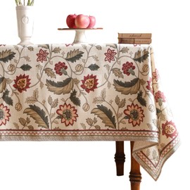 ISAENNE French Tablecloth for Rectangle Tables,Linen Table Cloth with Red Flowers Pattern,Heavy Durable Table Cover for Dining Thanksgiving Kitchen Decor Party Banquet Christmas,55"*79"