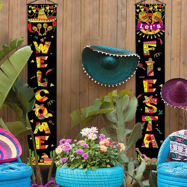 Mexican Fiesta Party Decoration Set Porch Sign Welcome Fiesta Banner Hanging Decoration for Indoor/Outdoor Carnival Fiesta Wall Decoration Mexican Background Fiesta Backdrop Photo Props