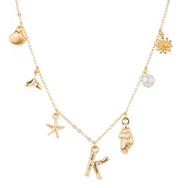 Mikovivi Initial Charm Necklace for Women, Gold Shell Letter Necklaces Seashell Starfish A-Z Alphabet Pendant Necklace Boho Summer Beach jewelry Gift for Girls Teens (K)