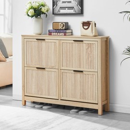 HUSHEDIFY 4 Flip Drawers Shoe Cabinet Storage for Entryway, Narrow Hidden Wood Shoes Organizer Cabinet Front Door Entrance Thin Free Standing Front Door Shoe Rack Storage for Entryway(Oak)