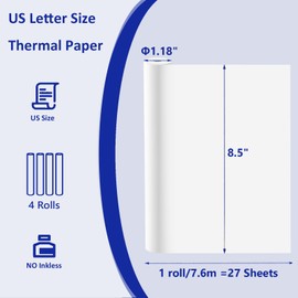 4 Rolls Thermal Paper 8.5 x 11 Inch, Thermal Printer Paper, US Letter Paper Size Printer Paper, A4 Paper Rolls for M08f M832 Inkless Printer, Paper for Printer (1 roll =27 Sheets/7.6m Long,Φ1.18")