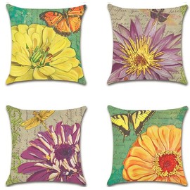 BAOKU Vintage Chrysanthemums Pattern Cushion Covers 45 x 45 cm Throw Pillow Covers Soft Pillowcases for Sofa Bed Home Garden Patio Decor Set of 4