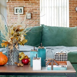 Bencailor 7 Pcs Fall Decorations for Home Maple Leafe Table Centerpiece Retro Autumn Wooden Stacked Book Bundle Fall Tiered Tray Decor Thanksgiving Block Sign for Office Shelf Party Gift(Cute Pumpkin)