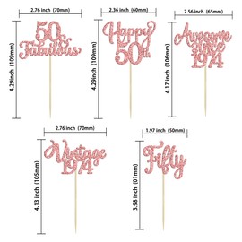 30 piezas de decoración clásico para cupcakes de 1973 con purpurina, cincuenta 50 fabulosas palillos de magdalenas de 50 cumpleaños para 50 años para decoración de pasteles de fiesta de 50 cumpleaños, color oro rosa