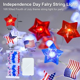 Aogist 50LED Independence Day Fairy Lights - 16ft Super Bright 3D Red White Blue Stars & American Flag 4th of July String Light Battery Operated Decor for Indoor/Outdoor Party Home Yard Tree Decor