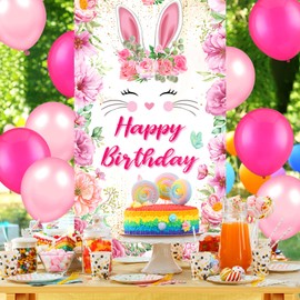 Bunny Birthday Banner Decorations for Girls,Easter Door Cover Banner Pink Floral Rabbit Spring Front Door Backdrop for Kid Bunny Easter Happy Birthday Party Supplies Decor Background Outdoor Indoor