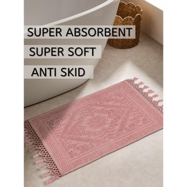 Savi Home Cotton Woven Jacquard Bathroom Rug, Woven Fringe Bathroom Mats, 100% Cotton, Non - Slip Bath Mat, Durable Thick Bath Mat 20”x38” with Fringes, Baby Pink