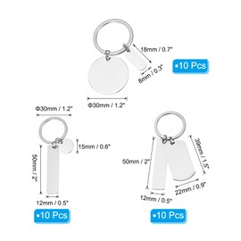 PATIKIL Engravable Metal Keychain Stamping Blanks, 30 Pcs Stainless Steel Stamping Blanks Tags Metal Blank with Key Ring for Laser Engraving DIY Crafts Nameplate, Silver Tone, 3 Shapes