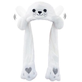Plush Animal Ear Moving Jumping Hats Movable Dancing Ear Flap Hat Earflaps Movable Fluffy Cap(Sea lion, White)