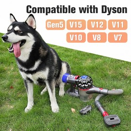FUNTECK 2-in-1 Dog Hair Vacuum Brush for Grooming & Shedding Compatible with Dyson Gen5, V15, V12, V11, V10, V8, V7 – Removes Loose Hair, Dander, Undercoat & Tangles – Self-Cleaning Design