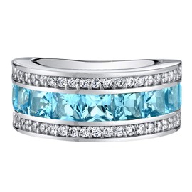 PEORA Sterling Silver Princess Cut Swiss Blue Topaz 3-Row Wedding Ring Band 2.25 Carats Size 8, Blue Wedding Ring, December Birthstone Ring, For Jewelry Gift & Everyday Wear, w/Jewelry Box