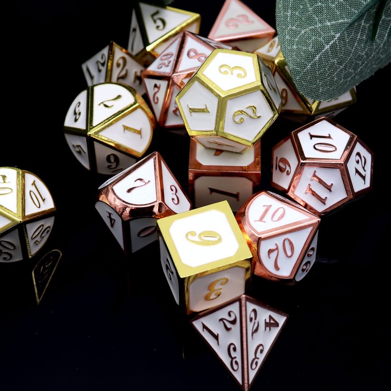 Haxtec Metal DND Dice Set Copper/Rosegold White D&D Polyhedral Dice