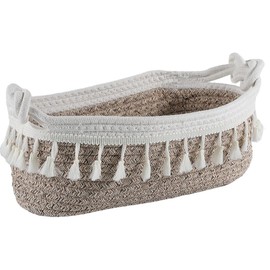 SOFPLATE 12.6 x 6.9 x 4 Inch Cotton Woven Rope Basket Macrame Boho Basket Thistle Bohemian Style Tassel Small Organizing Storage Box Bin for Home Bedroom Nursery Living room Entryway DIY Decoration