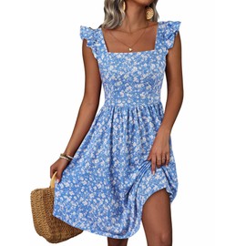 Loemes Spring Dresses for Women Cute Summer Dresses for Women Party Casual Blue Flowy Floral Sun Dresses for Women Teen Large Blue Floral