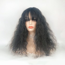 QIANCHUN Fluffy Curly Clip in Topper 40cm Natural Japanese Synthetic Hair with Neat Bangs Breathable Cloth Base Wiglet Seamless Hairpiece (135% Density Off Black)