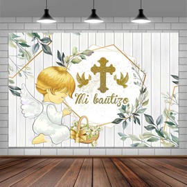 Mi Bautizo Backdrop 5 x 3 ft First Communion Photography God Bless New Baby Shower Background Green Leaf Backdrop Polyester Banner for Gender Reveal Birthday Picture Photo Shoot Decor