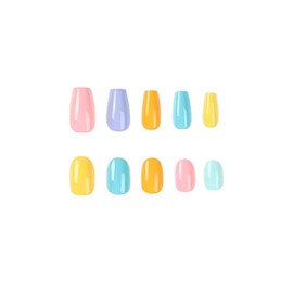 MISUD Short Round False Nails - Coffin, Oval Acrylic Glue on Nails - Cute Rainbow Ballerina Style - 24 pcs