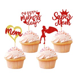 Keaziu Paquete de 24 decoraciones para cupcakes con texto en inglés "Happy Mother's Day", "Love You Mom", "Super Man", decoración de tartas, suministros de fiesta para el día de la madre, decoración de cupcakes, color rojo