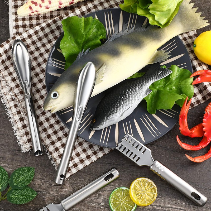 4 Piece Fish Scaler Remover Brush Set - Stainless Steel