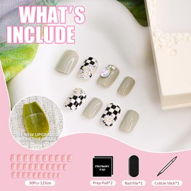 Square Press On Nails - Soft Gel Press On Nails Short with Nail Glue, 15 Sizes - 30 Reusable Fake Nails Kit Flower and Black and White Checkered Design with Rhinestones