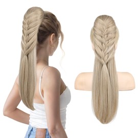 HOOJIH Ponytail Extension, 20 Inch Long Braid Drawstring Clip in on Ponytail Hair Extensions Synthetic Hairpiece for Women - Light Golden Blonde with White Blonde