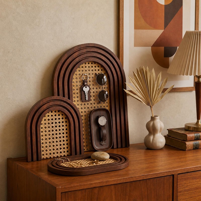 2 Sets Wooden Arch Decor Rattan Shelf Boho Wall Decor