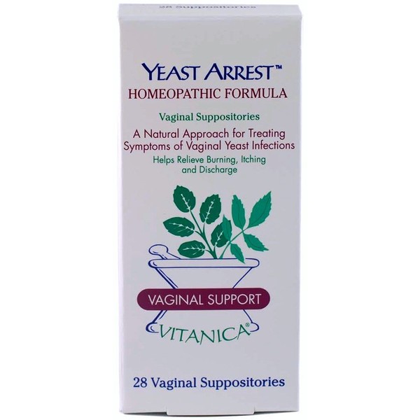 Vitanica Yeast Arrest, Homeopathic Vaginal Suppositories, for Yeast Infection Symptoms, Relieves Burning, Itching & Discharge, with Boric Acid, Tea Tree Oil & Probiotics, Vegan (Yeast Arrest Pro Logo, 28)