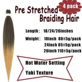 Coriario Ombre Pre Stretched Braiding Hair 26 inches 4 Pack Prestretched Braids Long Straight Knotless Yaki Kinky Synthetic Hair for Braid 1B/27#