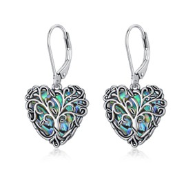 Tree of Life Leverback Earrings Sterling Silver Oxidized Heart Dangle Drop Earrings with Abalone Shell Jewellery Gifts for Women
