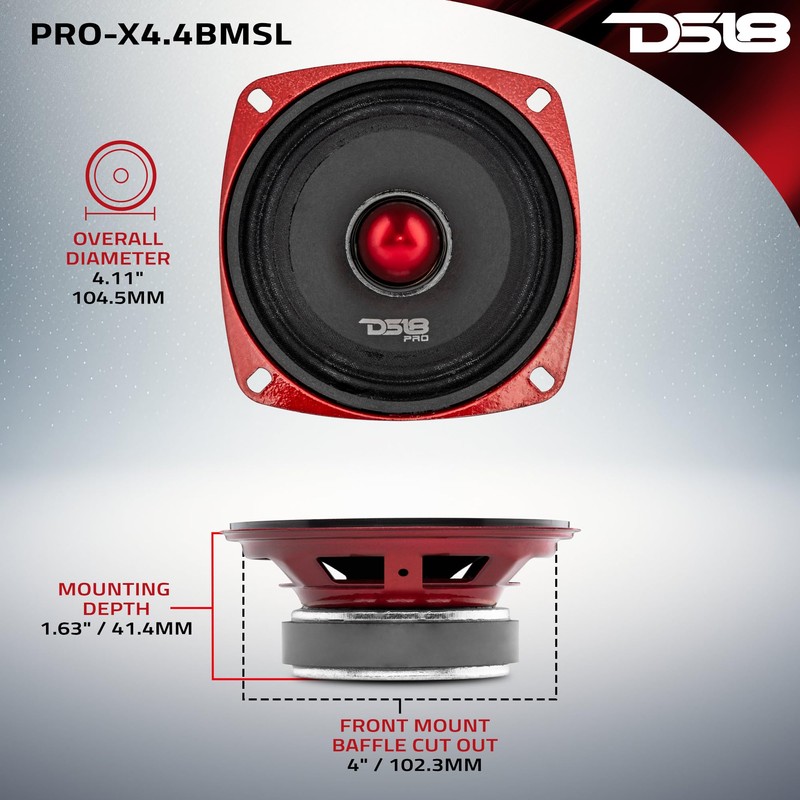 DS18 PRO-X4.4BMSL Car Speaker 4" Shallow Mid-Range Loudspeaker with Bullet