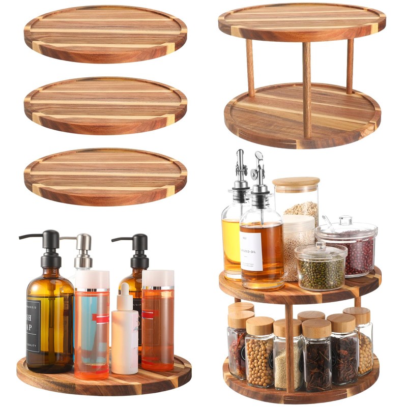 Reallnaive 6 Pcs 11" Acacia Wood Lazy Susan Organizer Set,