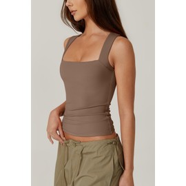 QINSEN Women's Square Neck Sleeveless Double-Layer Tank Tops Basic Tight T Shirts Cacao Nibs XS