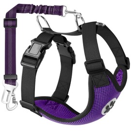 SlowTon Dog Harness with Seat Belt for Car, Breathable Dog Harness, Safety Belt with 2 Carabiner Hooks for Attaching to Seat Belt Buckle or Boot (Purple, M)