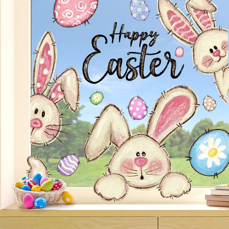 XOYTN 6 Sheets Easter Window Clings，Reusable Double-Sided Easter Bunny Rabbit