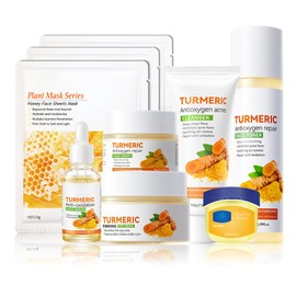 Set De Cuidado Facial Con Cúrcuma, Kit Facial Con Limpiador Facial, Tónico, Contorno De Ojos, Sérum Facial, Bálsamo Labial De Miel, Crema Facial,