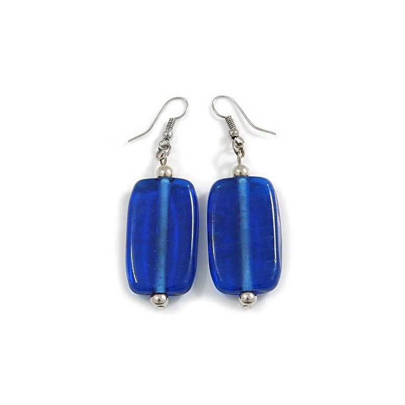 Navy Blue Square Glass Drop Earrings - 6cm Long