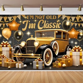 CapiSco Men I'm Not Old I'm Classic Backdrop for Funny Birthday Decorations, Black Gold Funny Classic Car Happy Birthday Background, Adults Retirement 50th 60th 70th 80th 90th Party Banner 10x8ft